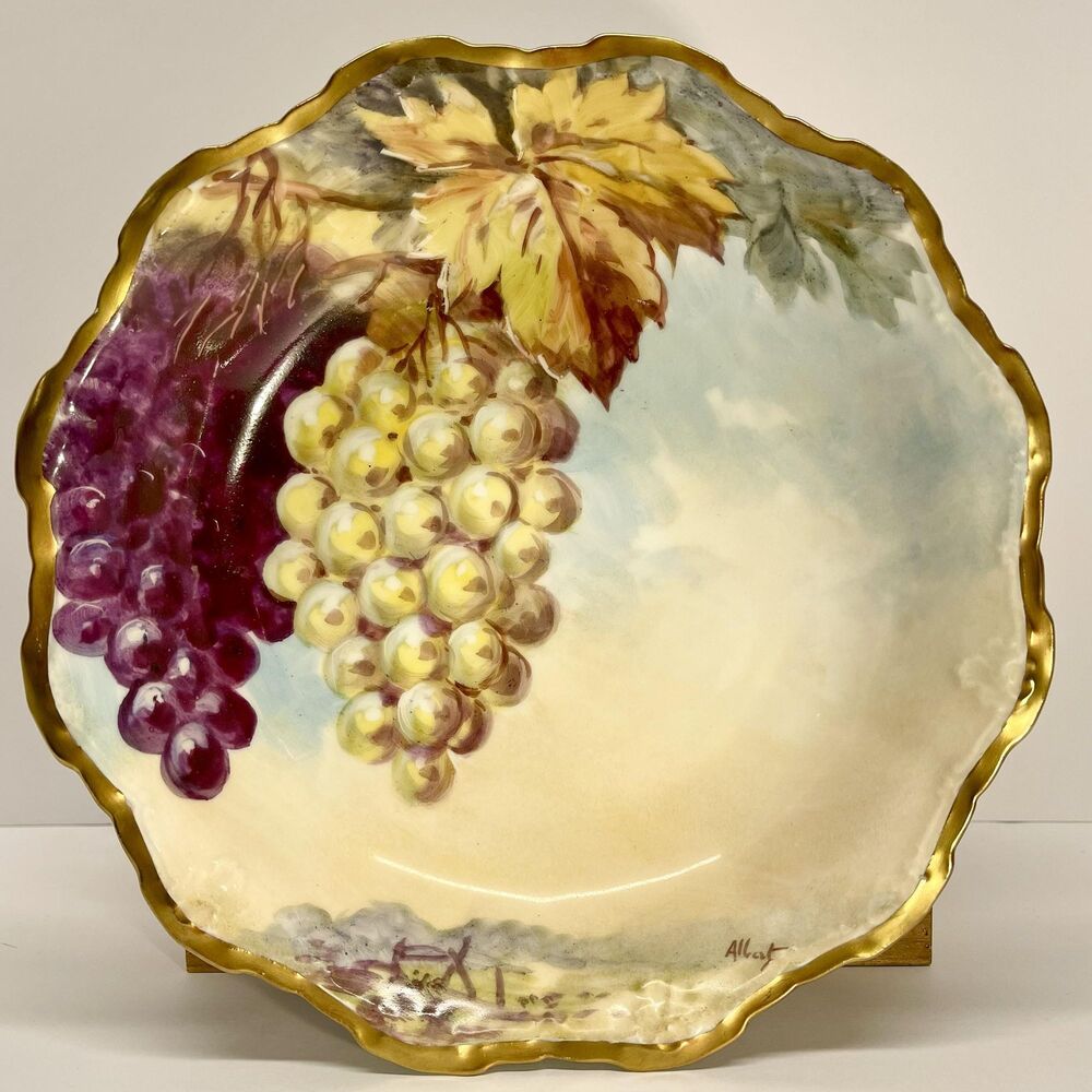 Antique Limoges France Hand Painted Bowl-Grapes on Vine design, Signed by Artist